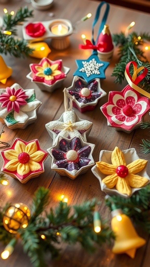 Handmade Christmas decorations from egg trays, including colorful ornaments and wreaths, on a rustic table with fairy lights.